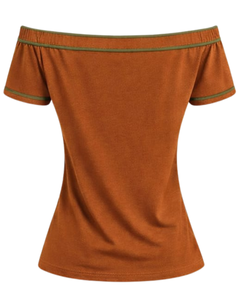 Camiseta Azul Claro para Mujer, con Hombros Descubiertos, Ribete de Rayas Rosadas en Contraste, Manga Corta, Corte Ajustado, Informal, Verano, Fabricante Personalizado - Product Image 4