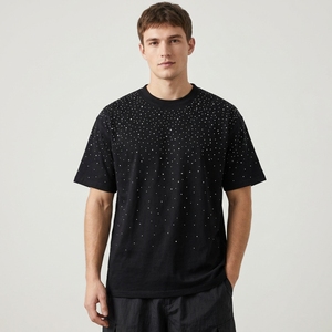 Camiseta Negra para Hombre con Pedrería, Algodón Pesado, Diamantes Hotfix, Degradado, Estilo Urbano Oversize - Product Image 1