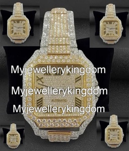 VVS Moissanite Diamond <b>Case</b> 10 Bar Water Resistant Fully Yellow Gold Iced Stainless Steel Hand <b>Watch</b> for Export - Product Image 1