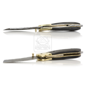 มีดพับเหล็กดามัสกัสทำมือ Damascus Deal รุ่น DD-FK-808 สีดำขาว ด้ามไมคาร์ต้า บอร์สเตอร์ทองเหลือง ใบมีดหนา 3 มม. ยาว 180 มม. - Product Image 2