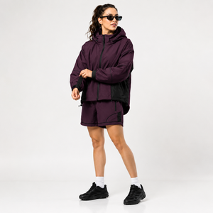 Ensemble veste à capuche et short pour femme, violet, sportif, imperméable, coupe ample, couleurs contrastées, tenue 2 pièces, toutes saisons - Product Image 2