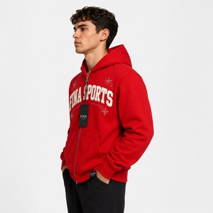 Sudadera con capucha roja para hombre, cierre de cremallera, corte regular, forro polar de algodón, estilo deportivo, estampado de logotipo frontal, ropa de otoño, sudaderas con pedrería - Product Image 3