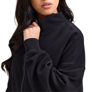 Chaqueta Negra Tipo Waffle con Cierre Completo, Cuello Alto, Manga Larga, Informal, para Gimnasio, Uso Diario, Cómoda - Product Image 3