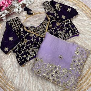 Sari de satén de seda de diseñador con bordado de lentejuelas y borde calado, con blusa cosida, precio mayorista de Royal Export - Product Image 3