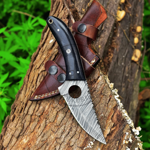 Couteau de chasse fixe artisanal en acier Damas, lame droite, manche en Micarta, étui en cuir, personnalisable OEM, qualité industrielle - Product Image 1