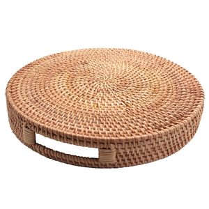 Round Rattan Woven Serving Tray with Handles Stylish Breakfast <b>Drinks</b> Snack Tray for Coffee Table Home Decor - Product Image 2