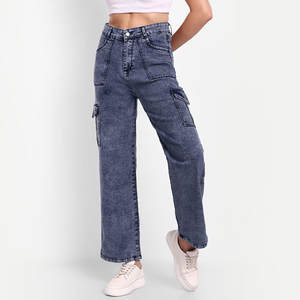 Pantalones Cargo de Mezclilla Impermeables Ecológicos de Cintura Alta para Mujer, Corte Regular, Color Sólido, Algodón de Peso Medio, Casuales de Invierno - Product Image 1