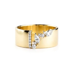 10K <b>14K</b> 18K Solid <b>Gold</b> Marquise & Round Lab Diamond Wide Cigar <b>Gold</b> Band Statement <b>Ring</b> Asymmetric Chunky Cluster Wedding Band - Product Image 1