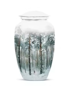 Urna Funeraria de Vidrio Personalizada con Diseño de Bosque de Pinos Invernal y Tapa de Cúpula, Diseño Vintage, Ecológica, Tamaño Completo - Product Image 1