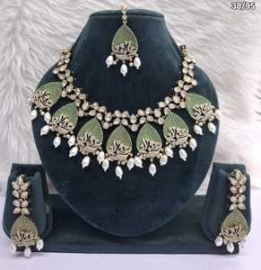 Ethnic Antique Gold Plated <b>Statement</b> <b>Necklace</b> Set Pink AD Stone and Pearl Tassel Choker with Drop Earrings and Tikka Set Festive - Product Image 3