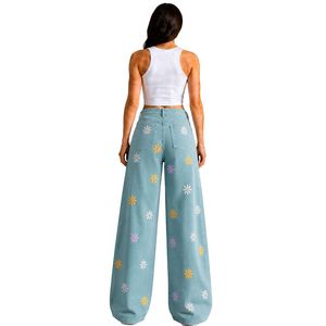 Vaqueros anchos de mezclilla verde marino para mujer con bordado floral, cintura alta, holgados, estilo casual urbano, venta al por mayor OEM ODM personalizada - Product Image 2