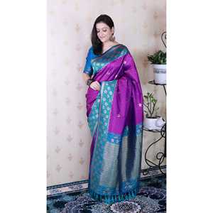 Sari en soie Banarasi violet ondulé Elite Weaves avec un motif Zari tissé unique, chemisiers et chemises doux pour femmes - Product Image 2