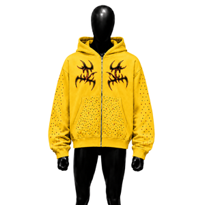 YELLOW RHINESTONE ZIP UP HOODIE TRIBAL GOTHIC GRAPHIC <b>Y2K</b> <b>STREETWEAR</b> OVERSIZED STUDDED PUNK GRUNGE HOODED SWEATSHIRT Regular Fit - Product Image 1
