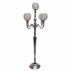 Candélabre à 5 bras avec globes en cristal, nickelé, en métal artisanal, fait main, avec coupelle à bougie chauffe-plat ornée de perles de cristal - Product Image 1