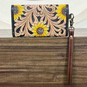 Pochette pour dames Sac à main en cuir de vache repoussé Tournesol Designer Pochette polyvalente en cuir véritable Portefeuille pour femmes - Product Image 5