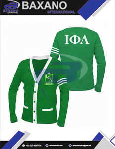 Suéter Cárdigan de la Hermandad Iota Phi Lambda, Verde Tejido con Rayas Blancas y Logotipo Bordado, Ropa de la Hermandad IPL Griega - Product Image 4