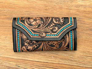 Western <b>Hair</b> on Tooled Leather Women's Wallet Hot Sale Turquoise and Black Leather Wallet High Quality Organizer Carryall Wallet - Product Image 3