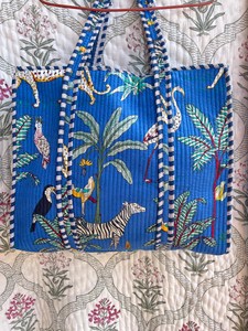 Bolso Tote de Algodón Azul Hecho a Mano con Estampado de Bloques en Lona, Estilo Bohemio, Casual, con Cierre, para Compras, Uso Diario para Mujeres - Product Image 1
