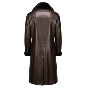 Abrigo largo de cuero genuino marrón para mujer con cuello y puños de piel negra. - Product Image 3