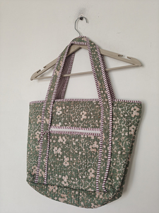 Green Floral Quilted Cotton Tote <b>Bag</b> with Double Handles and Zipper Closure <b>Medium</b> <b>Size</b> Shoulder <b>Bag</b> - Product Image 1