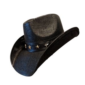 Unisex Black Striped Cowboy <b>Hat</b> with Brown Leather <b>Band</b> Casual Western Style Adult Summer 48-50cm Beach - Product Image 4