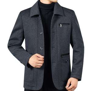 Veste d'hiver pour hommes à revers à manches longues Manteau à simple boutonnage en peluche avec fermeture éclair Poches extérieures Manteau thermique mi-long pour père- - Product Image 4