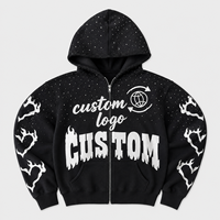 Sweat à capuche zippé surdimensionné personnalisé 100 % coton, style streetwear, broderie vieillie, coupe carrée courte, strass, délavé, ODM Homme