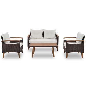 Set di Mobili da Giardino GO in 4 Pezzi, Divano in Rattan PE Marrone e Beige con Tavolo in Legno e Gambe, Set da Esterno per Patio - Product Image 6