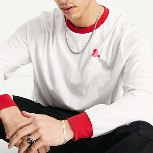 Camiseta Blanca de Manga Larga para Hombre, Cuello Redondo, Algodón Jersey, Transpirable, Diseño Liso, Ribete Rojo en Contraste, Logotipo Frontal, Estilo Casual - Product Image 6