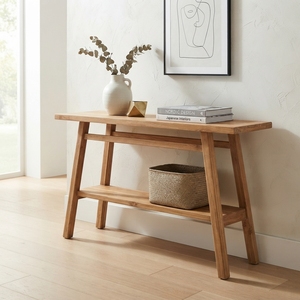 Solid Wood Console Table Modern <b>Rustic</b> Lower Shelf Splayed Leg Natural Teak Style Wooden Entryway Table Hallway Sofa Side <b>Desk</b> - Product Image 3