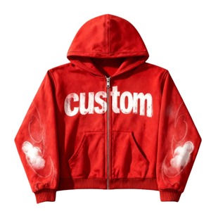 เสื้อฮู้ดซิปปักลายตามสั่ง ผ้าฟลีซหนา 100% คอตตอน 400GSM ประดับคริสตัล เสื้อฮู้ดสตรีทแวร์ผู้ชาย รับผลิตแบบ OEM ODM - Product Image 1