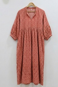 Indian Handmade 100% Cotton V-Neck Puff Sleeve <b>A</b>-<b>Line</b> Midi <b>Dress</b> Hand Block Print Floral <b>Pattern</b> Formal Office Wear Breathable - Product Image 3