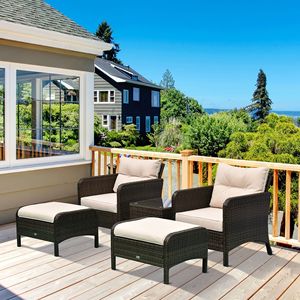 Set da 5 Pezzi in Rattan per Esterni: Tavolo da Conversazione con Piano in Vetro Temperato, 2 Sedie Imbottite e 2 Pouf - Product Image 2