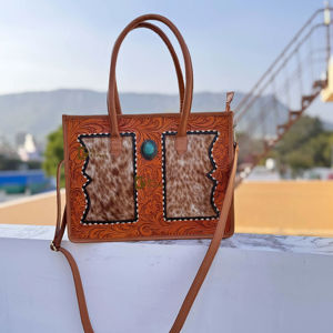 Sac fourre-tout grande taille en cuir sculpté de haute qualité, en cuir de vachette et fourrure, style bohème vintage, fait main, sac bandoulière - Product Image 1