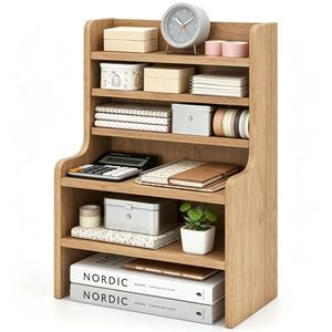 Organizzatore da Scrivania a 6 Livelli Naturale, Ripiani in Filo Metallico Regolabili e Rimovibili, Scaffale in Legno con Protezioni Anti-Caduta per Materiali Creativi - Product Image 2