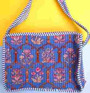Hand Block Print <b>Quilted</b> Cotton Crossbody Bag Indian Floral Sling Purse with Striped Trim - Product Image 1