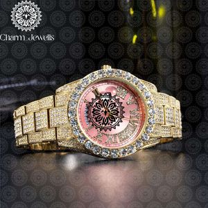 Charm Jewells Montre de luxe en or pour hommes, cadran rose, bracelet en verre cristal, analogique, mécanique, boîtier rond de 40mm, fermoir papillon, Vintage - Product Image 1