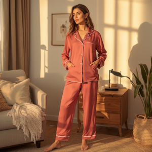Women Plain Dyed Full Length Button Front Sleepwear <b>Set</b> Comfortable Soft <b>Pajama</b> Loungewear OEM Wholesale Supply - Product Image 3