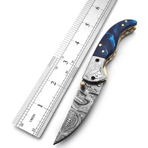 Couteau pliant en acier Damas, manche en résine bleu saphir, doublure en laiton, couteau de poche pour la chasse et le camping, fabricant - Product Image 2