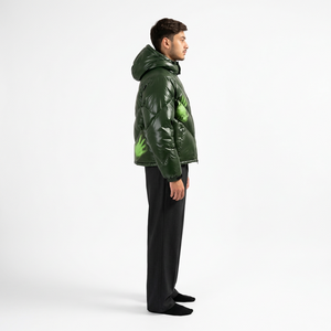 Chaqueta Acolchada con Capucha para Hombre, Verde, con Estampado por Sublimación, Forro Polar Transpirable, Impermeable, Casual, de Invierno, Corte Holgado, con Cierre - Product Image 3