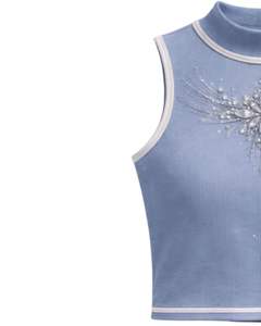 Débardeur côtelé bleu clair personnalisé pour femme avec motif floral en strass, sans manches, été, fabrication sur mesure - Product Image 2
