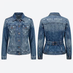 Chaqueta de Mezclilla de Algodón Tejido Premium para Mujer, 390 GSM, Ecológica, Lavado Azul Vintage, Paneles Desgastados, Ajuste Personalizado, Logotipo Impreso - Product Image 1