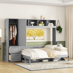 Lit Murphy gris taille Queen avec placard et tiroirs, design lit mural - Product Image 3