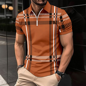 T-shirt décontracté pour homme en coton épais respirant, à manches courtes, imprimé à carreaux bleus, avec fermeture éclair sur le devant, taille 3XL - Product Image 6