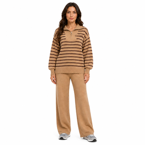 Ensemble de survêtement décontracté pour femme de haute qualité, pull beige rayé à quart de zip et pantalon large, tenue personnalisable avec logo - Product Image 1