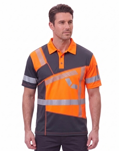 custom mens charcoal grey safety polo shirt fluorescent yellow collar <b>reflective</b> stripe workwear chest zipper pocket work <b>top</b> - Product Image 5