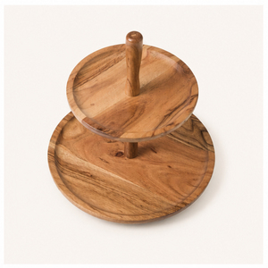 Handmade Acacia Wood 2 Tier Serving Tray and Cake Stand Dessert Display for <b>Weddings</b> Parties and Home Decor Round Tiered Platter - Product Image 5