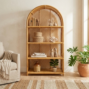 Estantería Arqueada Bohemia de Ratán Natural y Madera Maciza de 4 Niveles, Estante de Exhibición con Tejido de Mimbre Hecho a Mano, Librería Arqueada para Sala de Estar - Product Image 3