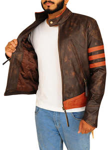 Blousons de motard en cuir vieilli bicolore avec col montant, imperméables et coupe-vent - Product Image 2