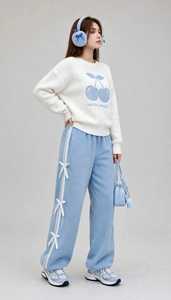 Oneten <b>Women's</b> Light Blue Turtleneck Long Sleeve <b>Top</b> Wide Leg Pants Sporty Loose Fit Autumn Tracksuit Set Zipper Closure - Product Image 6